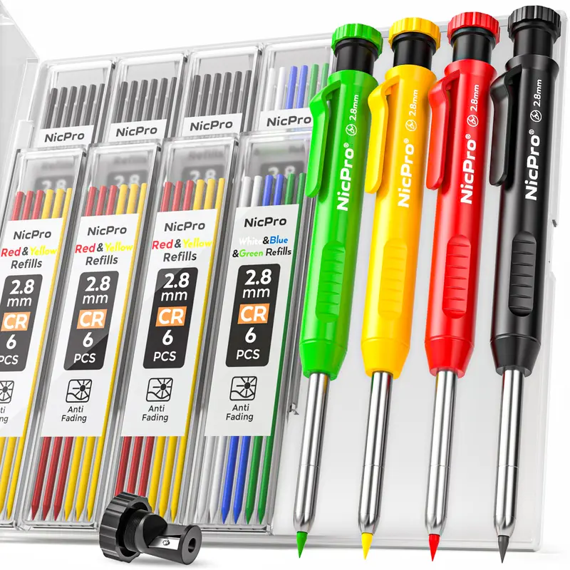 Nicpro 4-Pack 2.8mm Refillable Heavy-Duty Design Mechanical Carpenter Pencils with Sharpener, 52 Refills & Color Marker Set – Durability, Precision and Clarity Tools for Architects, Woodworking & Office Stationery Marking