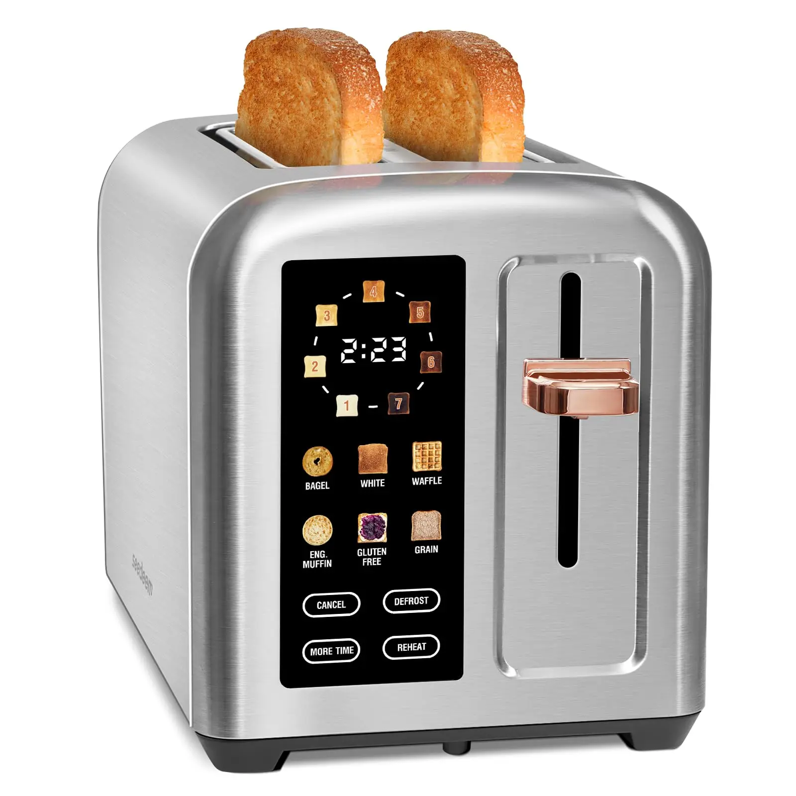 2-Slice Stainless Steel Toaster, Touchscreen Control, 50% Faster Heating, 1.4'' Wide Slots, LCD Display, Compact Design, 120V, 6 Bread Types Settings, Multiple Timer Functions, Removable Crumb Tray, 1350W, Silver Metallic, Family Ready