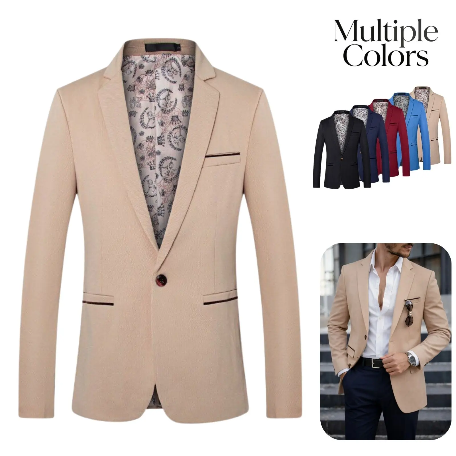 Men's Casual Suit Jacket, Stylish Long Sleeve Single-Button Blazer with Retro Printed Lining and Contrast Piping for Commuting