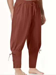 Men's Casual Pirate Pants, High-End Woven Linen Breathable Loose Long Pants, 95% Linen 5% Polyester, Drawstring Waistband, Ties, Medieval Viking Style