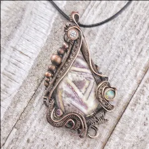 Tiffany Stone Wire Wrapped Pendant in Copper Opalized Fluorite Necklace with Opal & Cubic Zirconia Accents Handmade Crystal Jewelry
