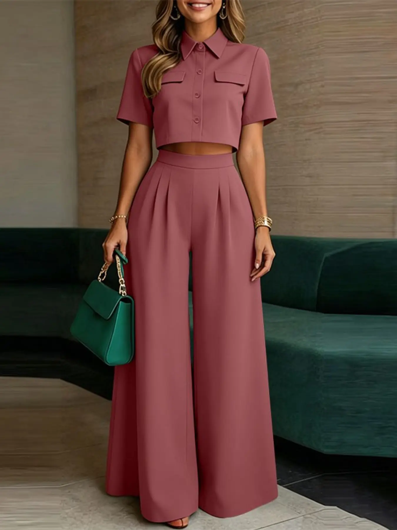 Women's Casual Suit, Notched Collar Short Sleeve Shirt with Pocket + High-Waist Wide-Leg Pants, Perfect for Daily Wear, Comfortable, Stylish & Aesthetic Design