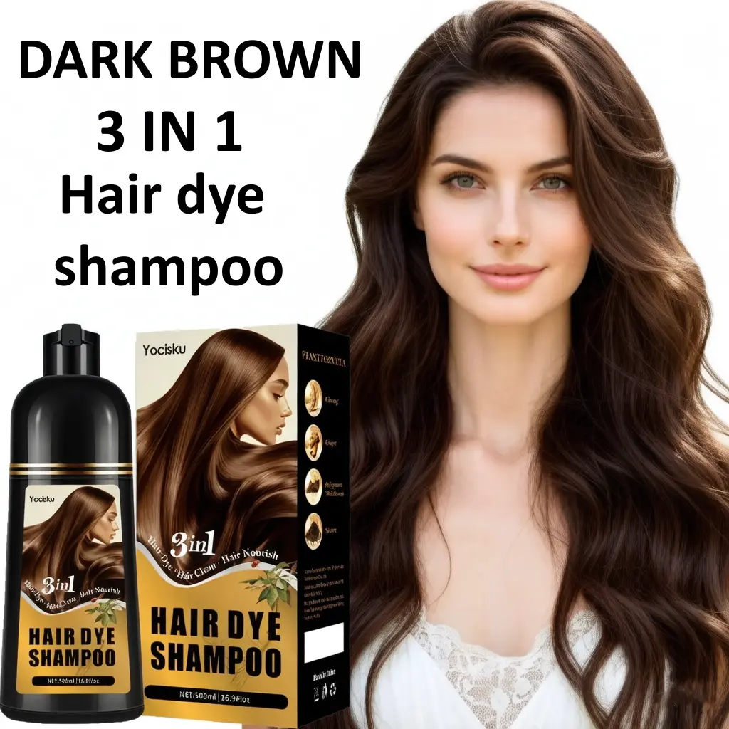 3-in-1 Herbal Hair Dye Shampoo, 500ml (16.9oz) Instant Dark Brown, 100% Fast Gray Coverage, Plant-Based, Cleanses & Nourishes, Gentle Daily Care, Easy Home Coloring for Men & Women