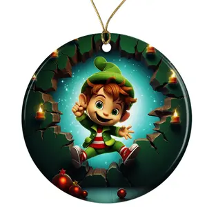 Cute Funny Elf Cartoon Ceramic Ornament - Breakthrough 3D Effect Burst Illusion Kids Ornament - 3 Inch Christmas Tree Round Ornament - Xmas Holiday Decor - String Included - ORNW0058