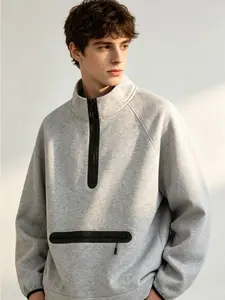 Men’s spring/autumn stand collar half-zip sweatshirt, loose fit with raglan sleeves, waterproof adhesive pockets, casual pullover athletic top
