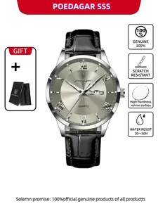 Men's Business Fashion Round Dial Analog Quartz Watch, Leather Watch, Fashion Watch for Party, Daily Clothing Decor, Trendy All-match & Exquisite Watch for Birthday Gift with Box
