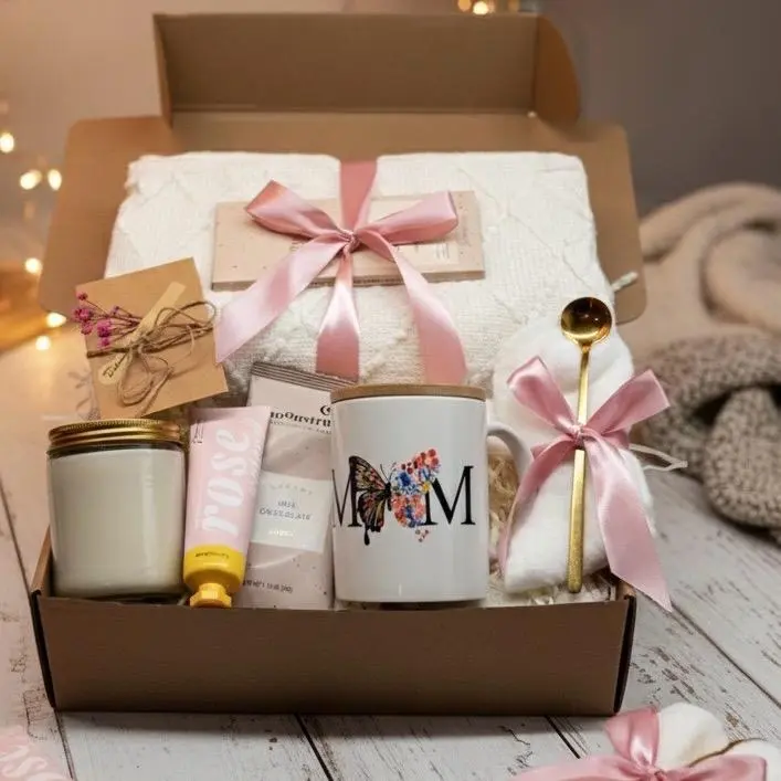 Taniri Luxury Mother's Day Gift Box for Mom, Personalized Self Care Spa Set with Insulated Mug, Plush Throw Blanket, Scented Candle, Artisan Chocolate, Drinking Chocolate, Hand Cream, Gold Spoon and Custom Gift Card, Ready to Gift Basket for Her, Lavender