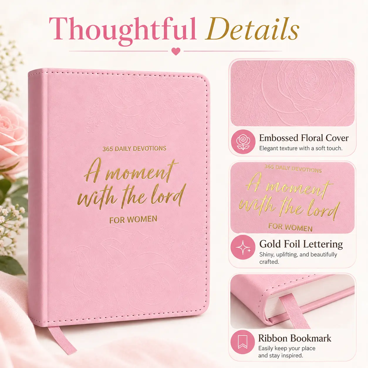 One Minute with God for Women: 365 Daily Devotionals Bible Record Book, Pink Hardcover, Exquisite Embossed Floral Design, Golden Foil Title, Log Book Spiritual Inspiration - Prayer Gift for Mom