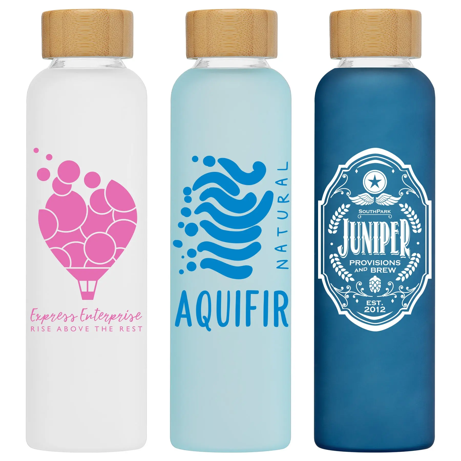 Custom Lucerne 20 oz. Frosted Borosilicate Glass Bottle with Bamboo Lid