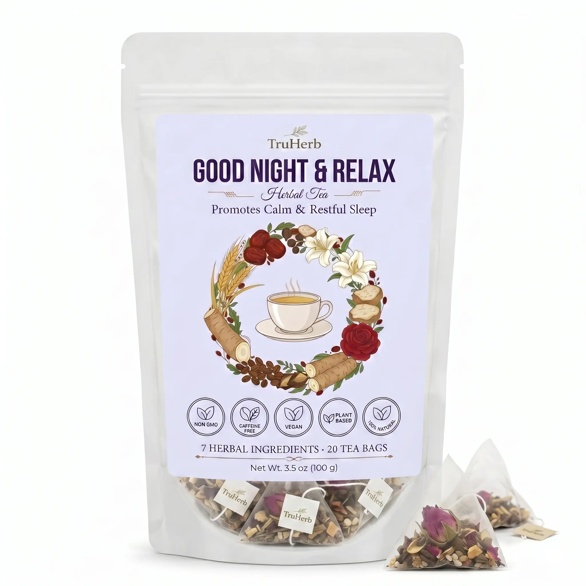 Good Night Herbal Tea, Relaxing Sleep Tea with Sour Jujube Seed & Poria, 7-Herb Calming Blend for Stress Relief, Restful Nights & Evening Relaxation, Caffeine-Free Wellness Tea for Women, 20 Tea Bags