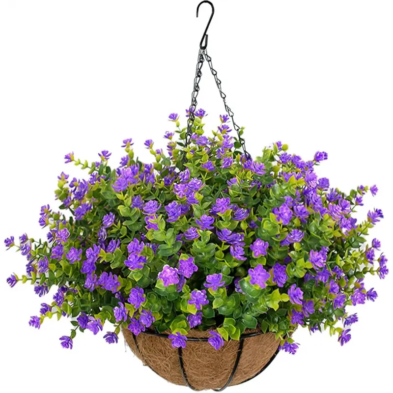 8-inch lifelike purple imitation basket with UV protection for flowers for outdoor gardens, balconies, courtyards, and spring family summer decorations Patio Hanging Planters Hanging Plant Basket