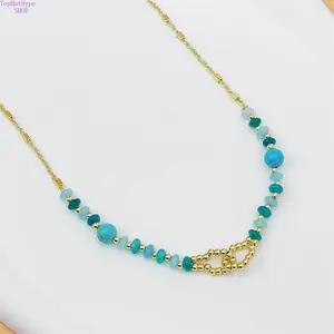 Boho Turquoise Beaded Layered Necklace 18K Gold Plated Double Layer Stackable Clavicle Chain Natural Stone Vintage Design Fashion Jewelry for Women Trendy Beach Vacation Daily Streetwear Outfits