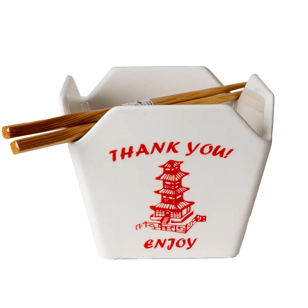 Chinese Takeout Box Style Porcelain Bowl with Chopsticks Classic Pagoda Design 18 fl oz Square Shape Tableware