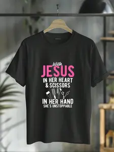 100% Cotton Jesus In Heart Scissors In Her Hand Hairstylist Hairdresser T-Shirt Women's vintage Summer vacation tops Graphic Tee