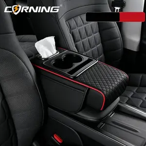 Leather Car Armrest Box Mat, Breathable Central Elbow Pad, Storage Tray Dual Cup Holder, Car Tissue Box, Dual Side Pockets, Car Interior Accessory, Car Storage Organizers