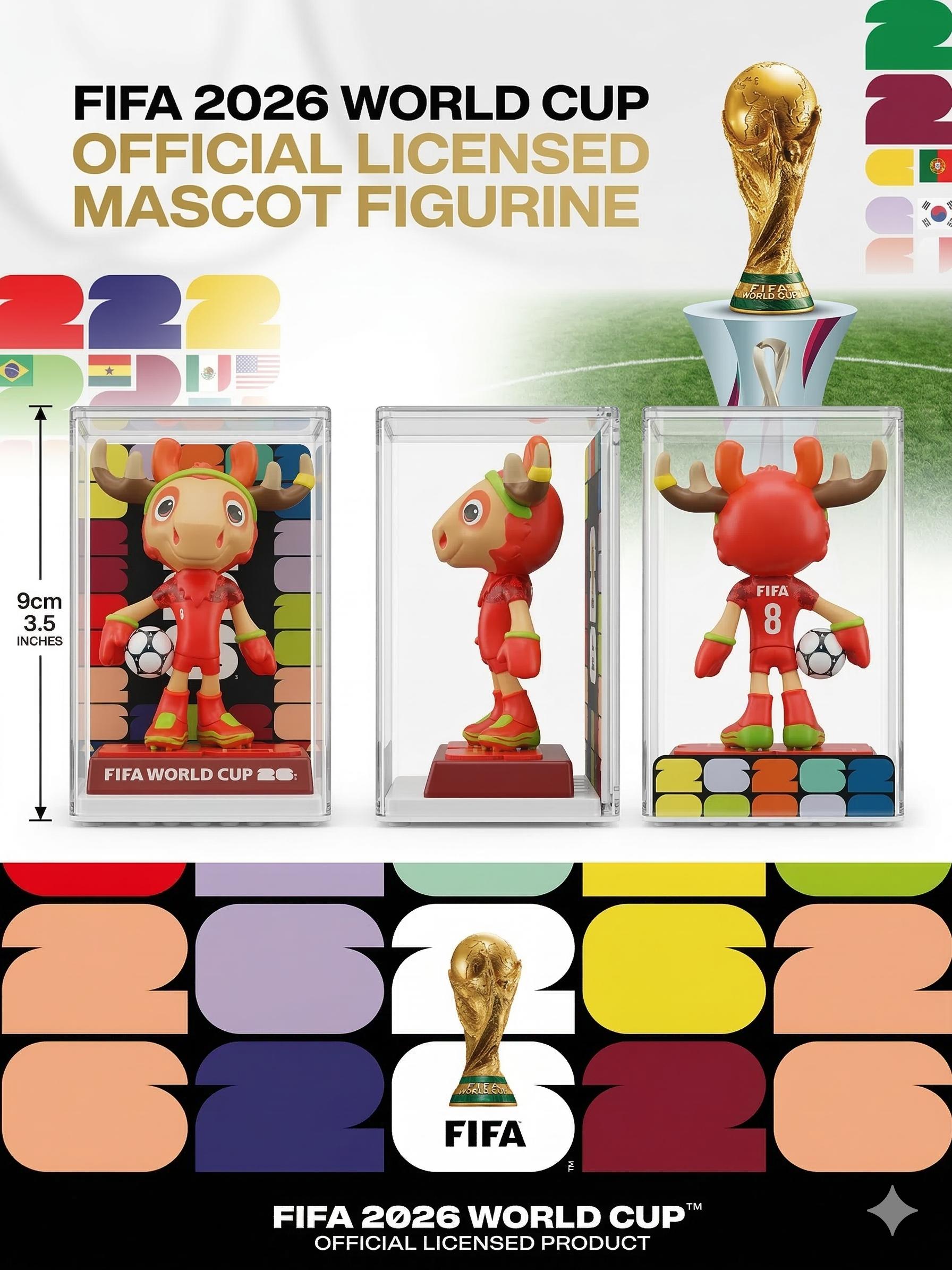 FIFA 2026 World Cup Mascot Figurine Set - Limited Edition Collectible Figurines Featuring Eagle Clutch, Moose Maple, and Jaguar Zavu - High-Clarity Display Case & Exclusive "26" Pitch Base