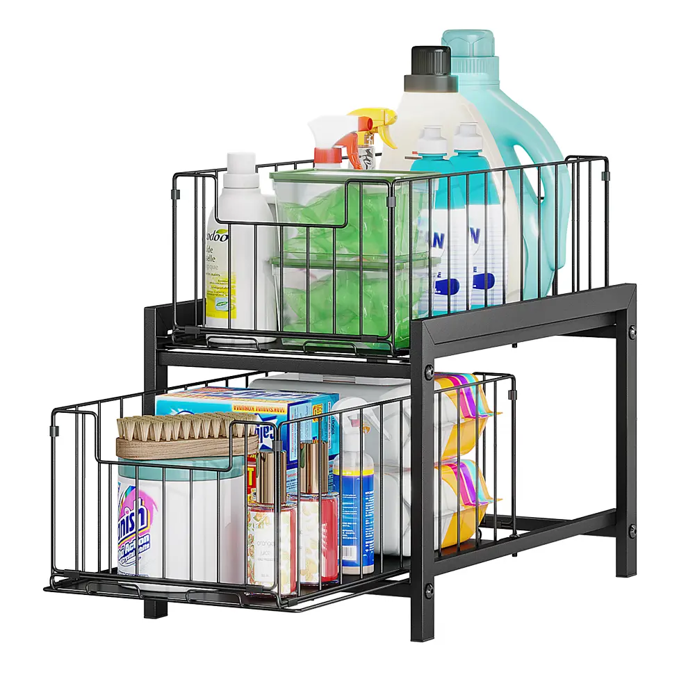 Black Steel Under Sink Pull-Out Cabinet Organizer, 2-Layered Steel Metal Sliding Baskets Rack (14.57"l x 10.47"w x 15.16"h) with Installation Kit, Large-Capacity Drawer for Kitchen & Bathroom Multiple Rooms Organization