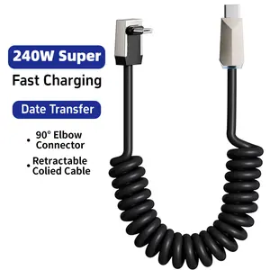 240W Coiled USB-C to USB-C Cable, 6.6FT Telescopic Cyber Head Right Angle Cable for Smartphone, Fast Charging, High-Speed Data Transfer, Compact Storage for iPhone 17/16/15 Series, Samsung Galaxy, Laptops