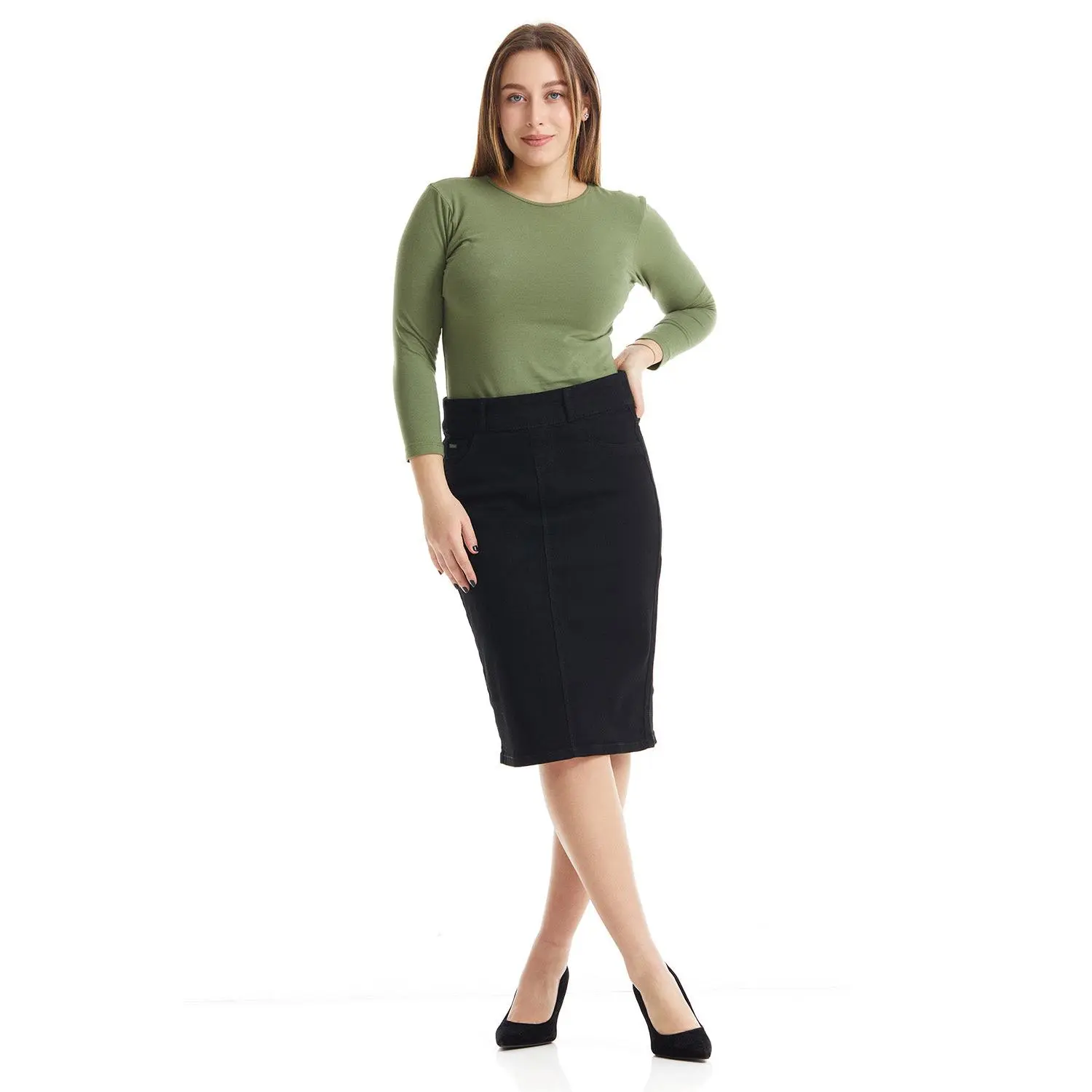 Black Knee Length Modest Denim Skirt 'Boston'