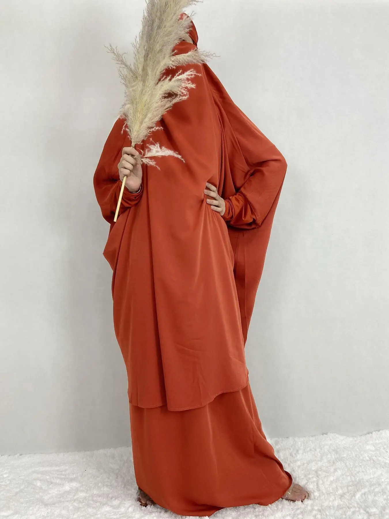 Women's Plain Knot Hooded Batwing Sleeve Abaya & Maxi Dress Set, Modest Two-piece Muslim Outfits for Daily Wear, Islamic Clothing for Spring & Fall