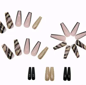 KapyBeauty& Boutique 24Pcs Long Fake Nails French Coffin Press on Nails Black Fake Nails Full Cover Acrylic Bling False Nails for Women and Girls