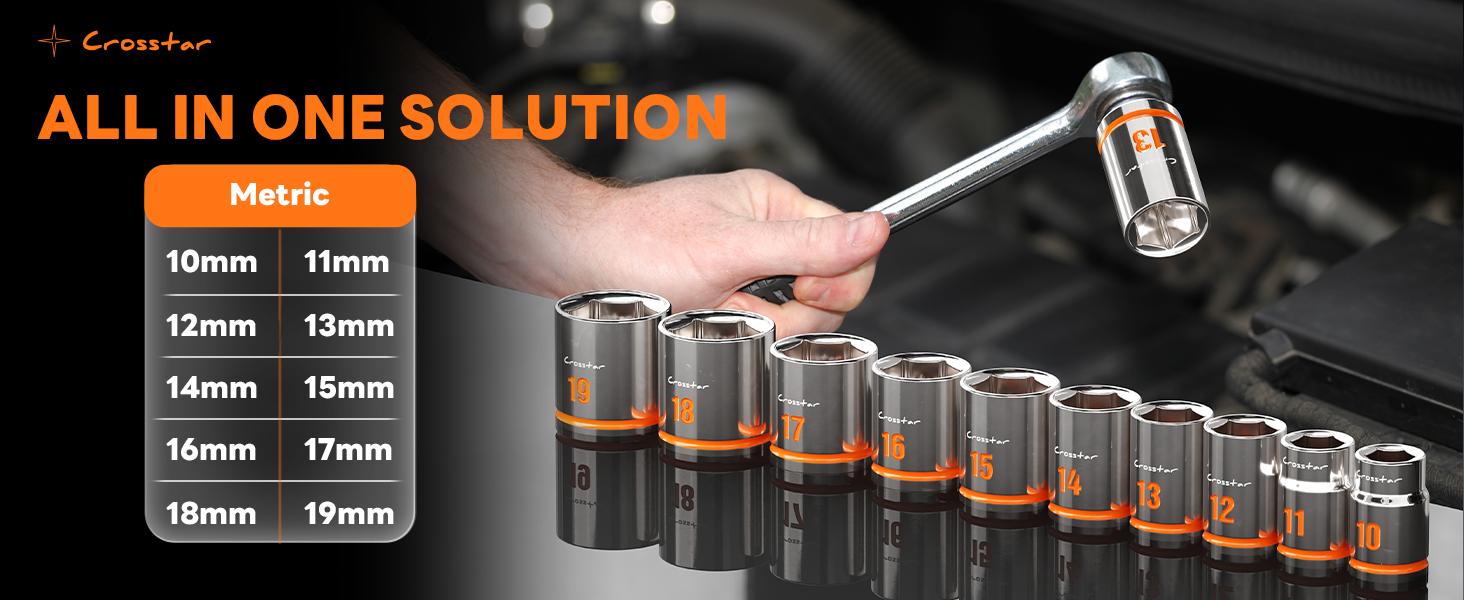 Crosstar 10pcs 3/8" Drive thin wall Shallow Socket Set, Low Profile Stubby Socket Set with EVA foam, 6-Point Mechanic Metric Socket Sets in 10mm-19mm for tight space,use with ratchet wrenches Crosstar 10pcs 3/8" Drive thin wall Shallow Socket Set, Low Profile Stubby Socket Set with EVA foam, 6-Point Mechanic Metric Socket Sets in 10mm-19mm for tight space,use with ratchet wrenches