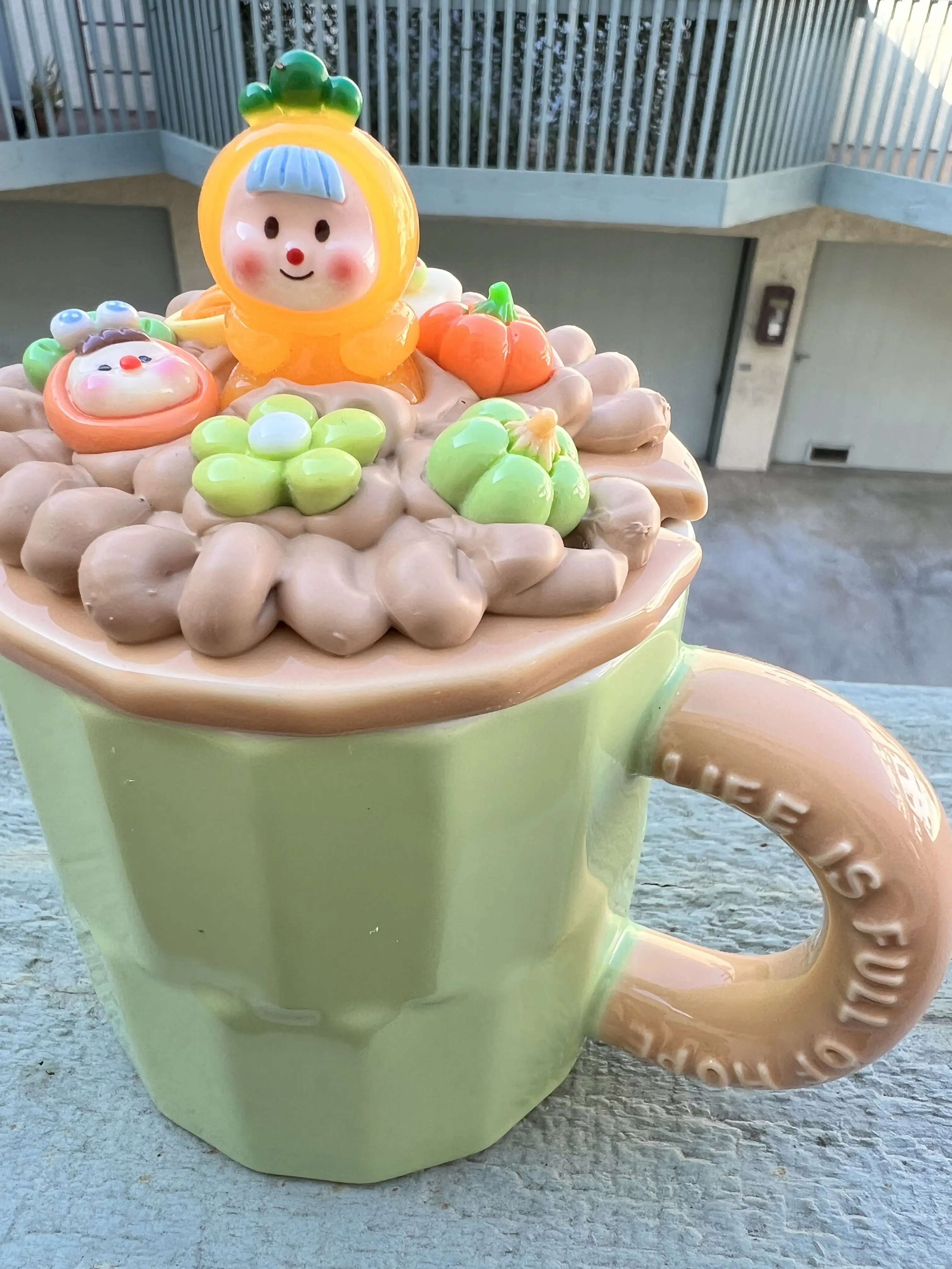 Handmade Custom Mug | Custom Tumbler Gift | Green With Brown Lid Decoden Tumbler | 12 oz Mug | Epoxy, Glitter, Rhinestones and Charms | Ready to Ship