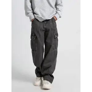 Men’s workwear jeans — hip-hop street dance party denim joggers; wide-leg workwear pants; straight tube loose slim-fit; retro casual denim pants