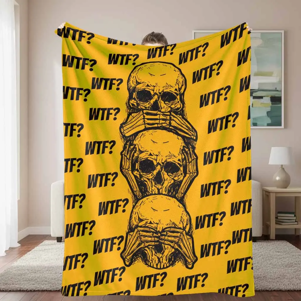 3 Wise Skulls Print Flannel Fabric Throw Blanket, Orange Aesthetic Grunge Look, Super Soft Plush Lightweight Warm Fleece, Multi-Size, for Bed Sofa Living Room Decor, Camping Travel Gifts