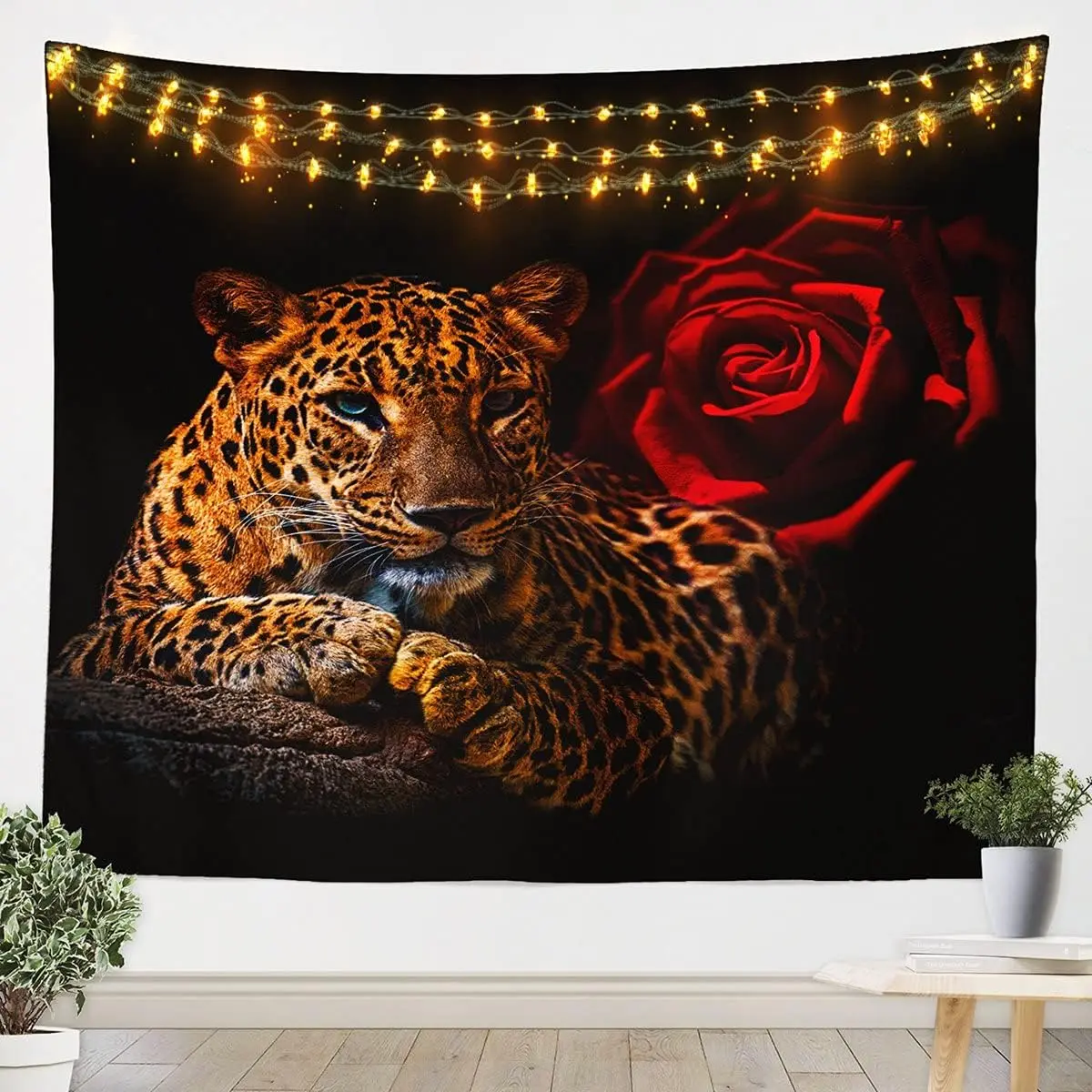 Feelyou Rose Cheetah Print Tapestry - Lightweight Soft Wall Hanging, 3D Leopard Red Rose Floral Artwork Print, Animal Figurine, Artistic Home Room Apartment Decor Accessory, Animal Figurine Tapestries, Artistic Tapestry Tapestries