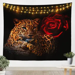 Rose Cheetah Tapestry,Wall Hanging,Leopard Romantic Red Rose Floral Design Wall Blanket,3D Animal Theme Wall Art Poster Decoration