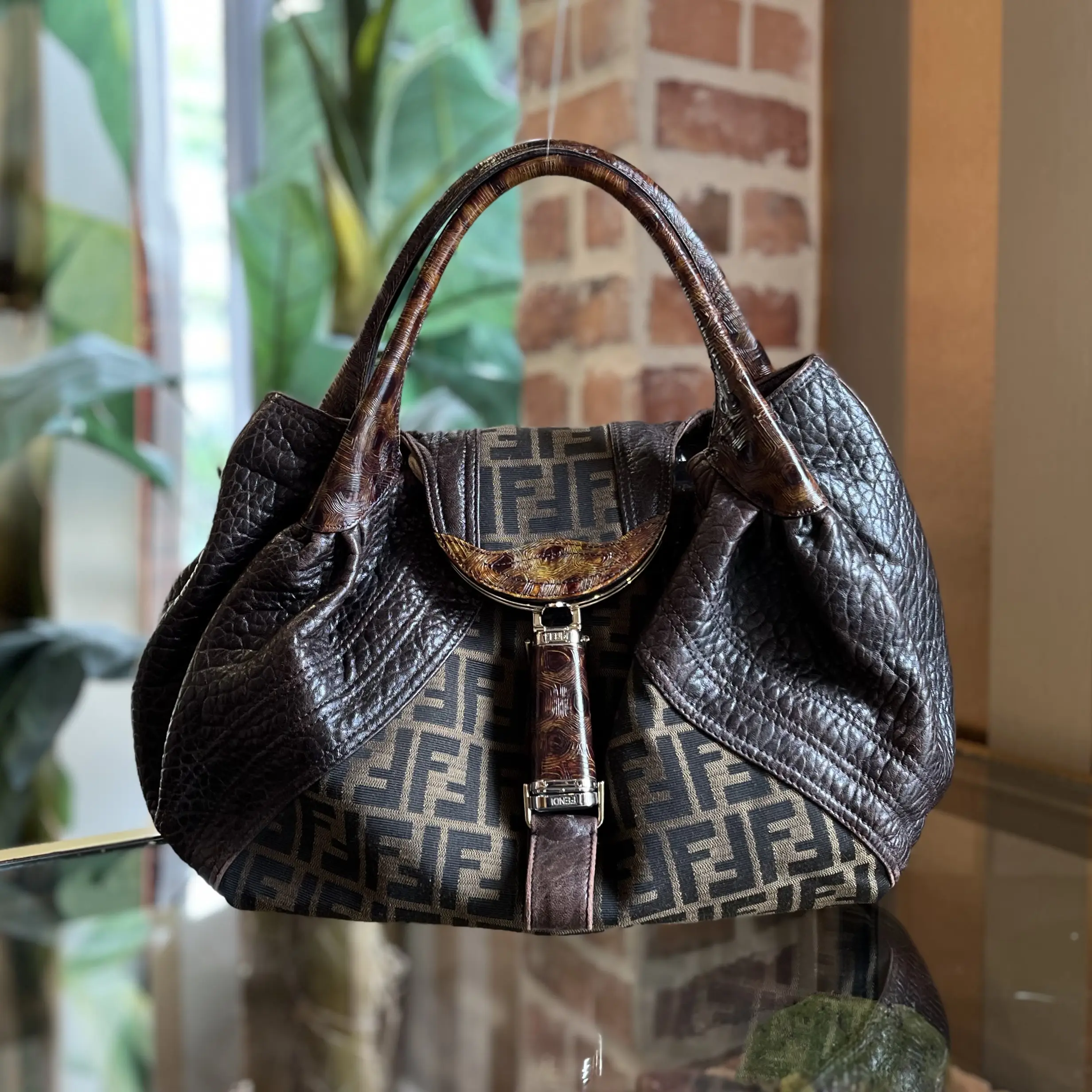 Pre-owned FENDI Nappa leather Shoulder Bags Spy Bag Brown Tobacco Zucca Print Canvas and Tortuga Shoulder Bag