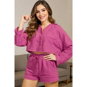 Basic Bae Buttoned Long Sleeve Top and Shorts Set in Magenta - Fitted Cotton Casual Wear for Summer Women's Fashion