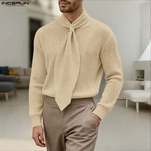 INCERUN Men's/Unisex Romantic Chic Fall Winter Tie-Front Long Streamer Turtleneck Knit | Drapey Pullover | Art Exhibition, Romantic Date, Casual Daily