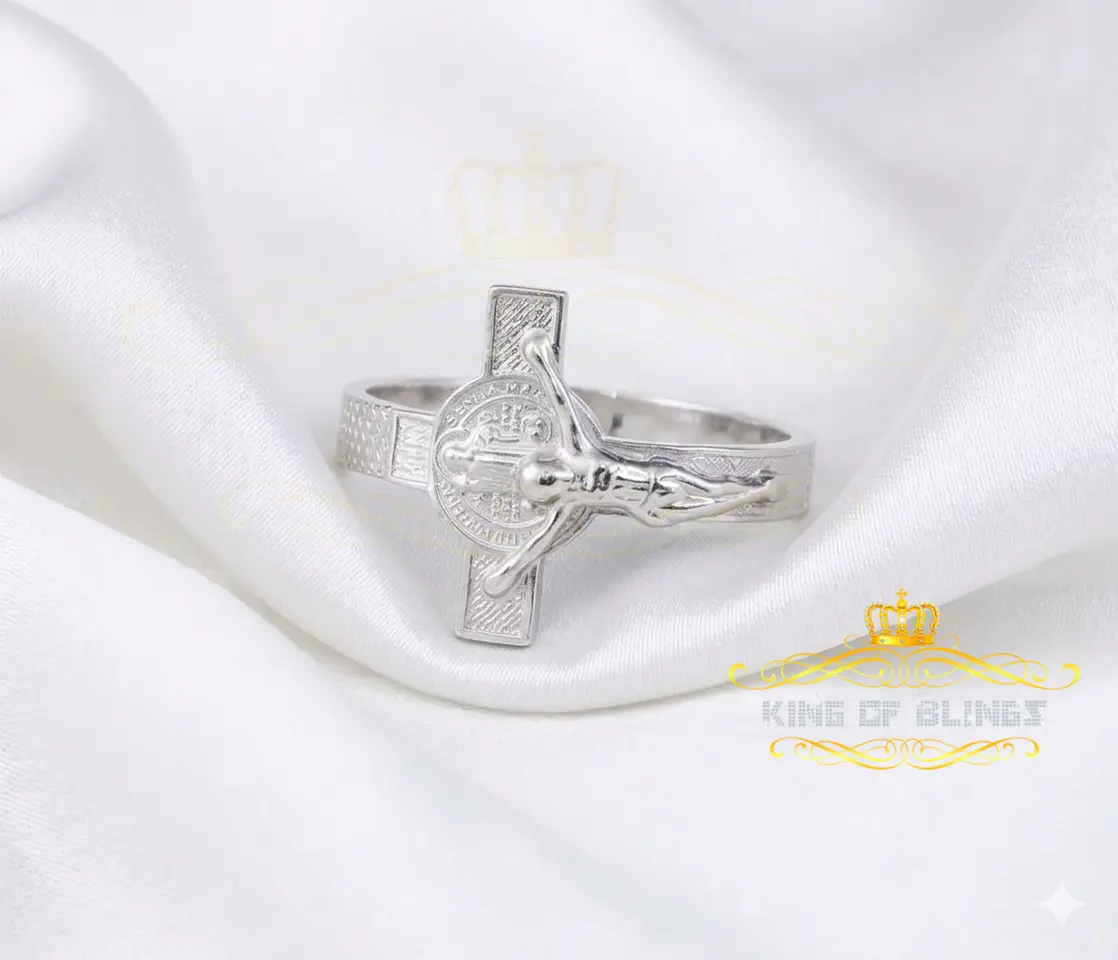 KING OF BLINGSBenito White 925 Sterling Silver St Benedict Religious Cross  Women's Ring SZ 9.5