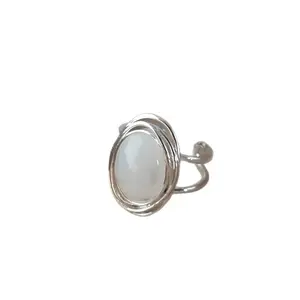 Women Oval Chalcedony Open Ring Wire Wrapped Minimalist Stylish Daily Office Party Jewelry Fashion Trendy Gift Idea