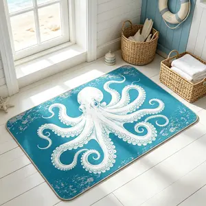 Vintage Octopus Teal Blue Soft Rectangle Modern Bath Mat, Non-Slip Coastal Nautical Bathroom Rug, Ocean Decor Floor Shower Mat Absorbent Microfiber