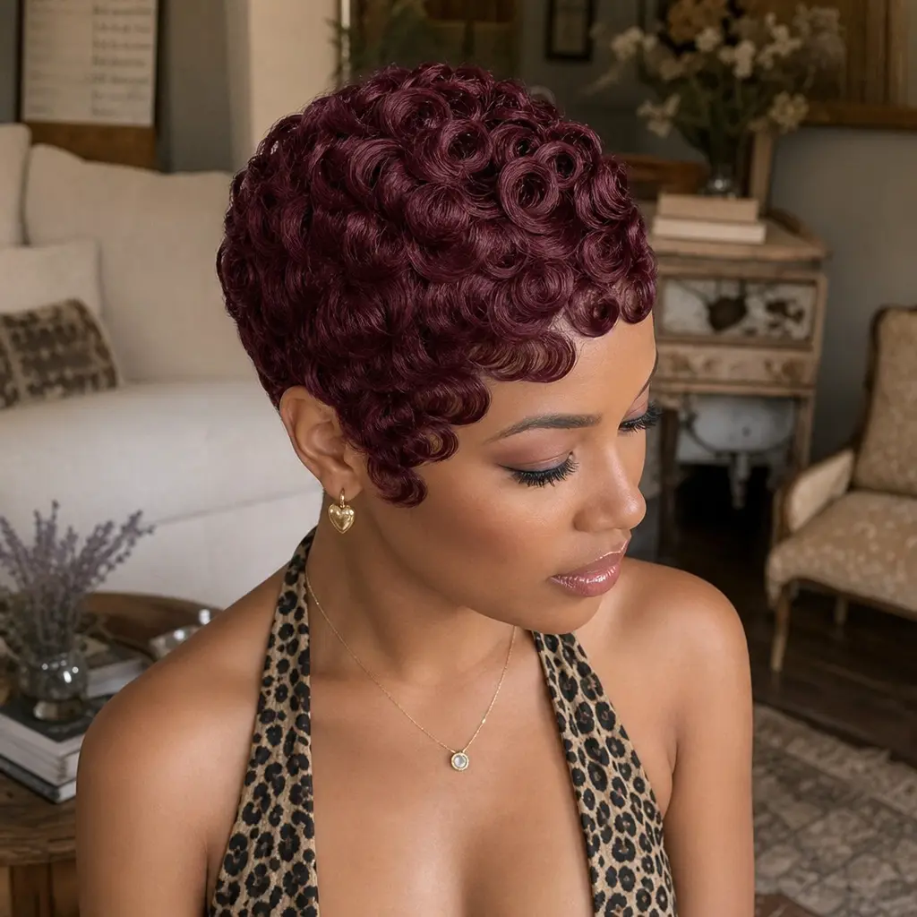 Sherawe Women's 6-in Short Curly Pixie Cut Wig - Real Human Hair Full Wig, 99J Color, 180% Density, 22.5-in Loop Cap, Heat Safe Summer Edgy Machine-Made Option for Hair Extension Needs