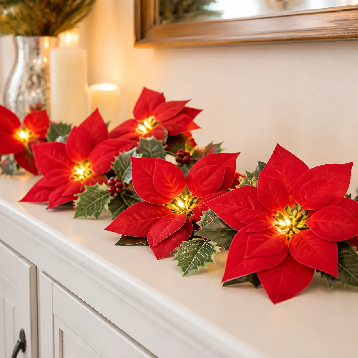 Christmas Poinsettia LED String Lights, 9.84 ft 20 LED Red Berry Holly Flower Garland, 3 AA Battery Operated with Steady & Flashing Modes for Tree, Mantel and Holiday Decor