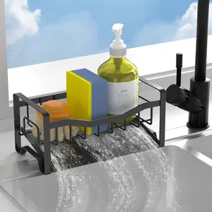 Kitchen Sink Caddy Organizer Sponge Holder for Kitchen Sink with Stainless Steel Auto Drain Tray, Self Drain Dish Soap Sponge Caddy Rack for Kitchen Countertop Storage Gadgets Accesorios Hollow Installation