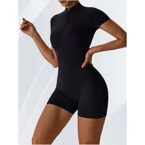 Solid Color Zipper Short Sleeves Unitard, Fitness Bodycon Sports Slim Fit Romper, Women's Activewear