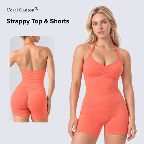 Coral Canton Women's Seamless 2-Piece Workout Set - Strappy Built-In Pad Top, High-Waisted Gym Shorts, Stretchy Fabric Athleisure Outfits for Yoga, Gym, Stretchy Sports Clothing Set Activewear Fitness Outfit