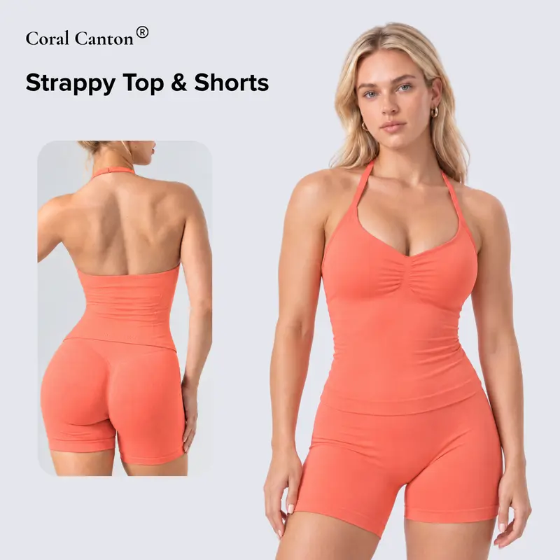 Coral Canton Women's Seamless 2-Piece Workout Set - Strappy Built-In Pad Top, High-Waisted Gym Shorts, Stretchy Fabric Athleisure Outfits for Yoga, Gym, Stretchy Sports Clothing Set Activewear Fitness Outfit