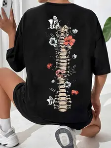 Women's Graphic Drop Shoulder Tee, Fashion Skeleton & Floral Print Half Sleeve T-shirt, Chic Summer Tee Shirts, Going Out Tops 2000s, Graphic Tees Women, Womenswear
