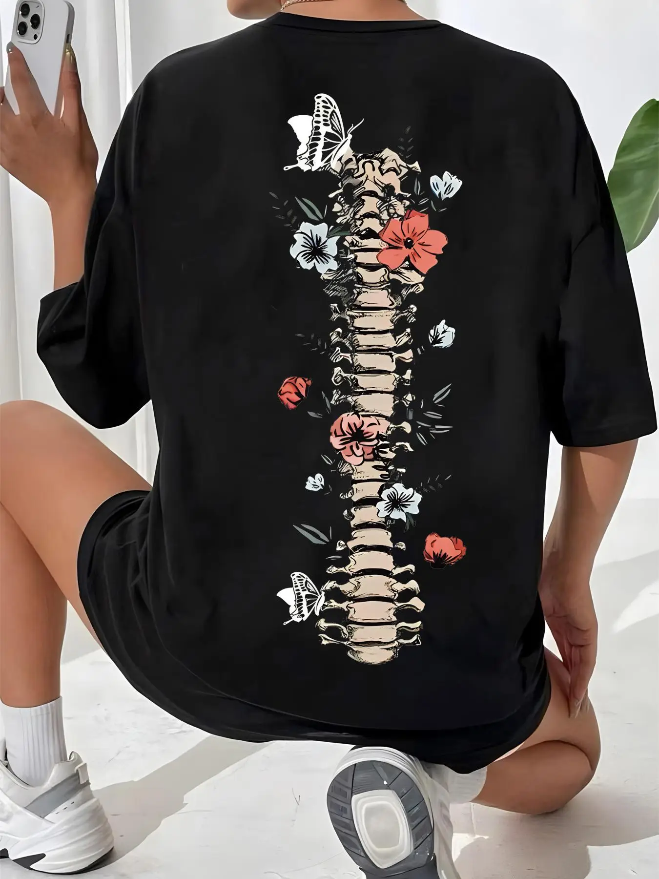 Women's Graphic Drop Shoulder Tee, Fashion Skeleton & Floral Print Half Sleeve T-shirt, Chic Summer Tee Shirts, Going Out Tops 2000s, Graphic Tees Wom