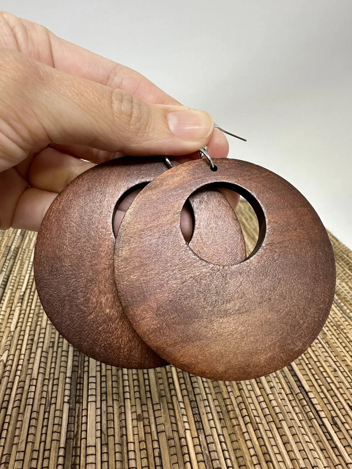 Boho Wooden Disc Earrings, Large Round Dangle Costume Jewelry for Women
