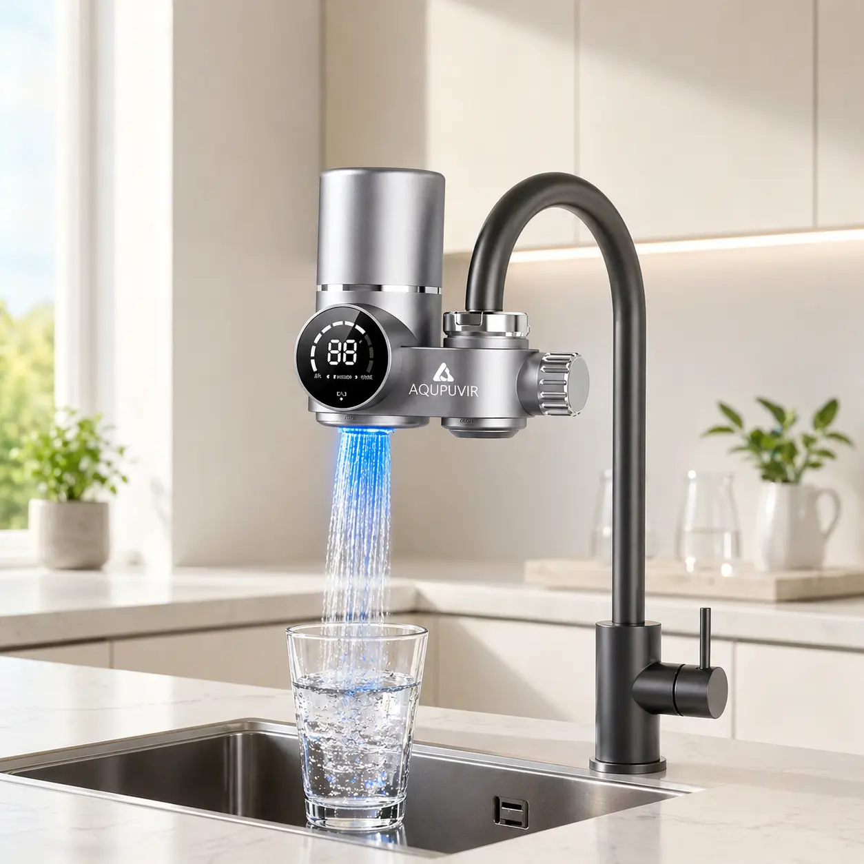 LED Display Kitchen Faucet Water Filter for Sink, Dual-Head Tap Filter with Replaceable Cartridge, Easy DIY Installation, Helps Reduce Chlorine Taste & Odor