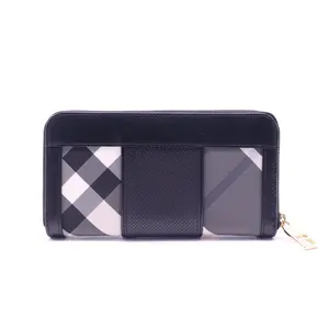 Pre-owned BURBERRY Leather Small Leather Goods House Check Large Sartorial Ziggy Zip Around Wallet Black twins