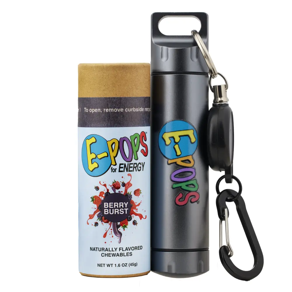 E-POPS Energy Bundle, Energy Candy 1.6oz. with Carbs & Electrolytes Retro Berry Burst Flavor for Outdoor, Sports & Fitness Enthusiasts. Eco-Friendly Packaging, Includes Waterproof Refillable Dispenser w/Retractor Clip, Zero Wast