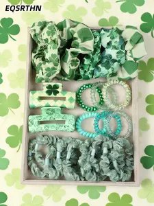 22pcs Saint Patrick's Day Green Fresh Hair Accessories Set Four-leaf Clover Printed Hair Ring Acrylic Clamping Phone Coil Combination Set Four-leaf Clover Pattern Sweet Simple Korean Girl Style High Elastic Non-destructive Anti-skid Clamping Firm Not Loos